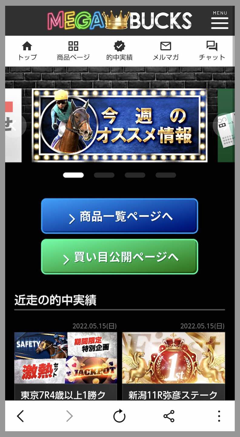 メガバックス(MEGA BUCKS)という競馬予想サイトの会員ページ